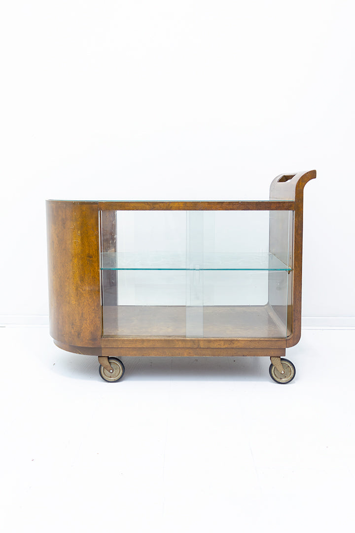Art Deco serveerwagen van hout met glazen schuifdeuren antiek