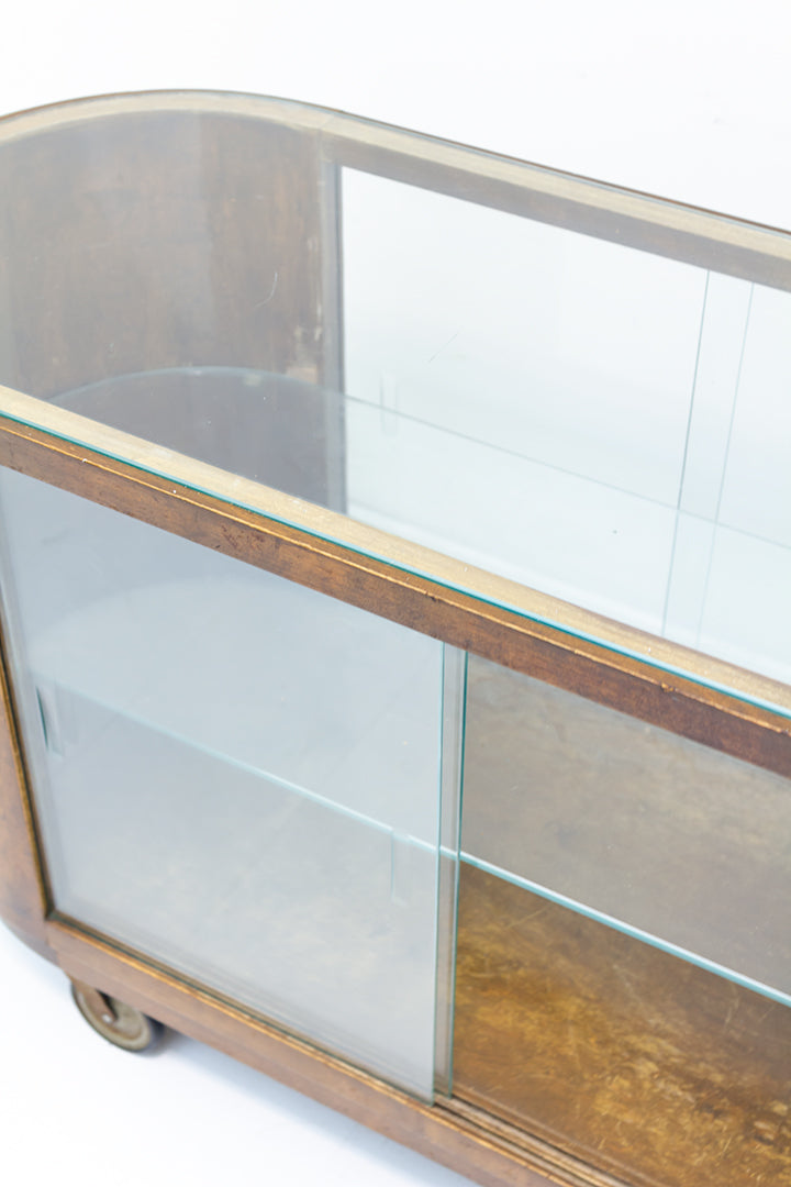 Art Deco serveerwagen van hout met glazen schuifdeuren antiek