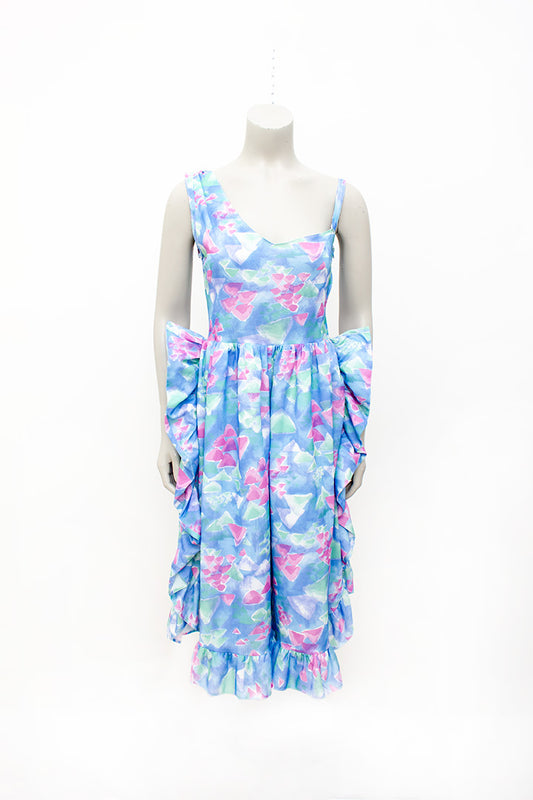 Asymmetrische vintage jumpsuit met ruches en vrolijke pasteltinten