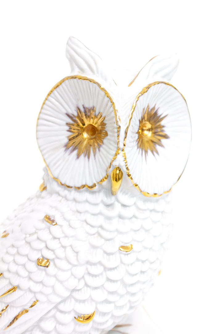 Beeld uil van wit keramiek met vergulde details vintage