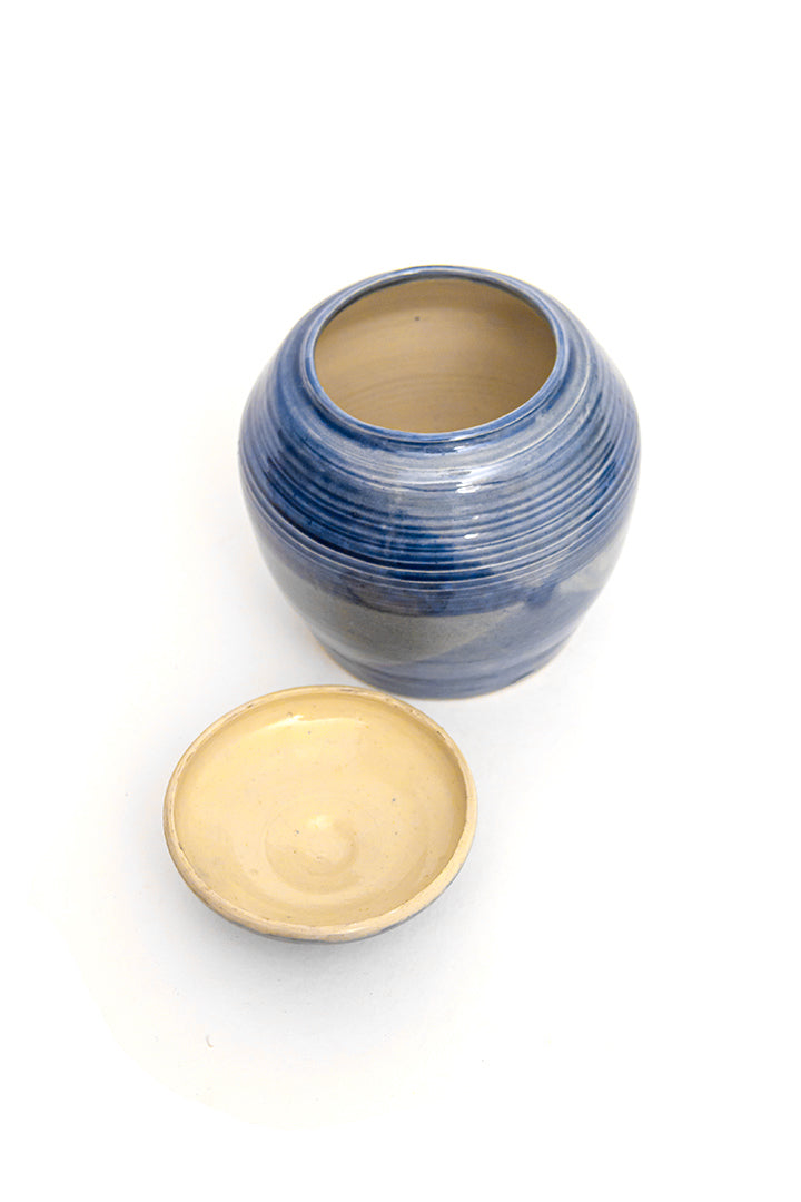 Blauwe keramieken pot met deksel vintage