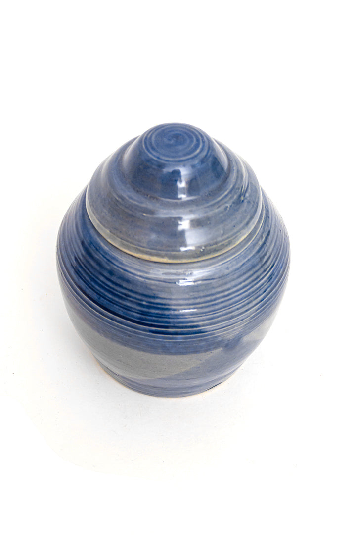 Blauwe keramieken pot met deksel vintage