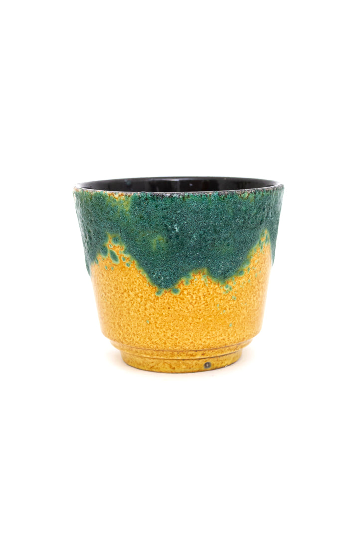 Bloempot met fat lava glazuur in geel en turkoois West-Germany vintage