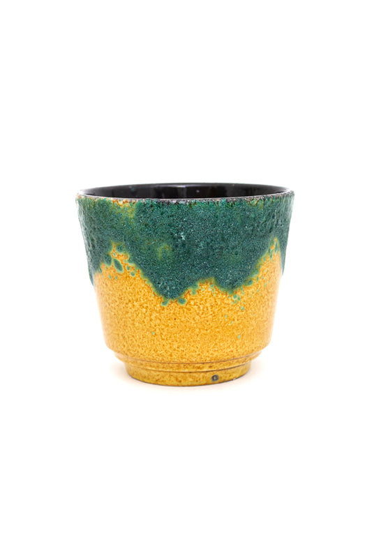 Bloempot met fat lava glazuur in geel en turkoois West-Germany vintage