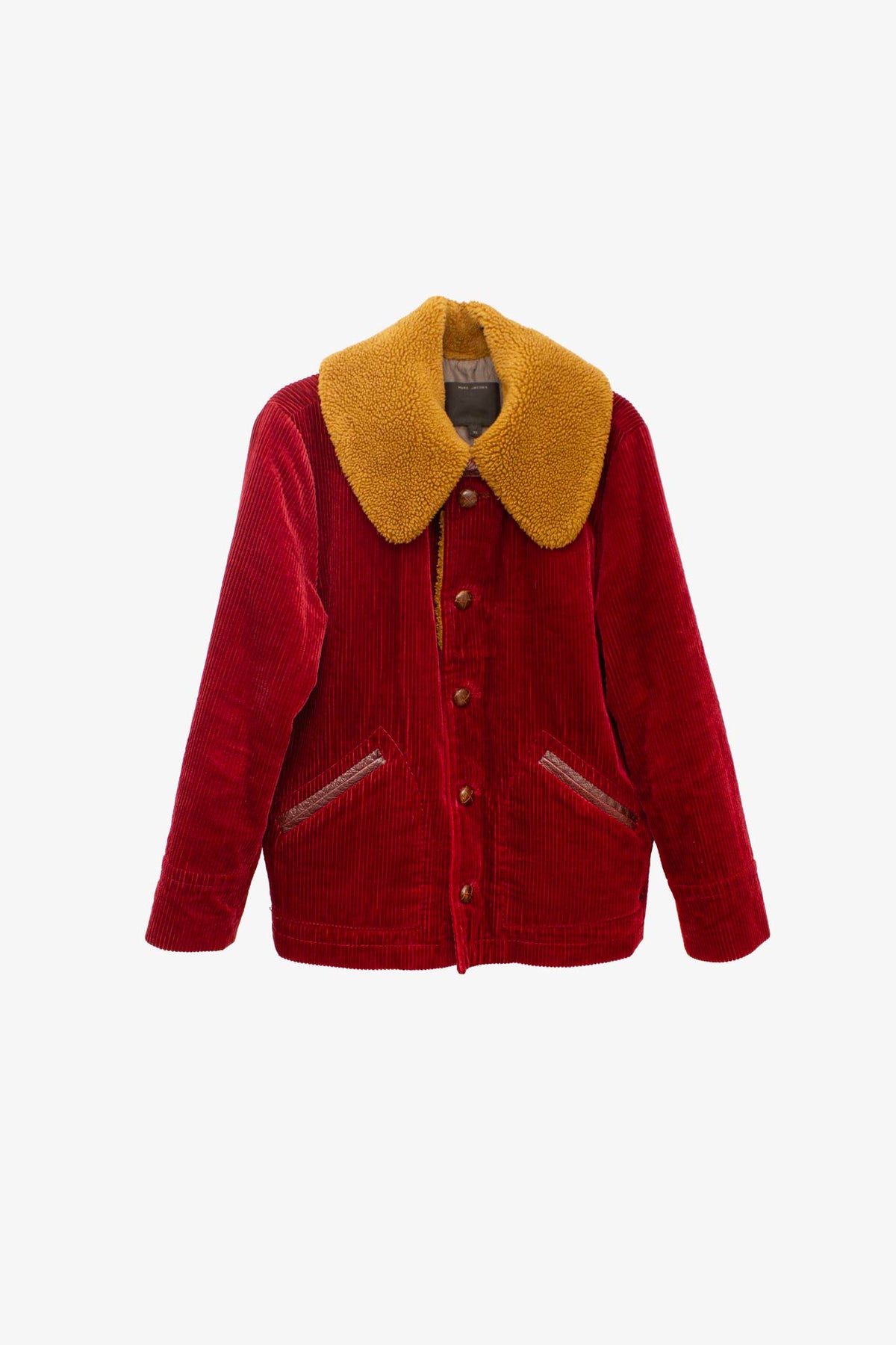 Bordeauxrode corduroy Marc Jacobs jas met faux fur en leer details