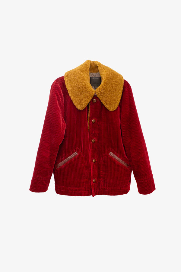 Bordeauxrode corduroy Marc Jacobs jas met faux fur en leer details