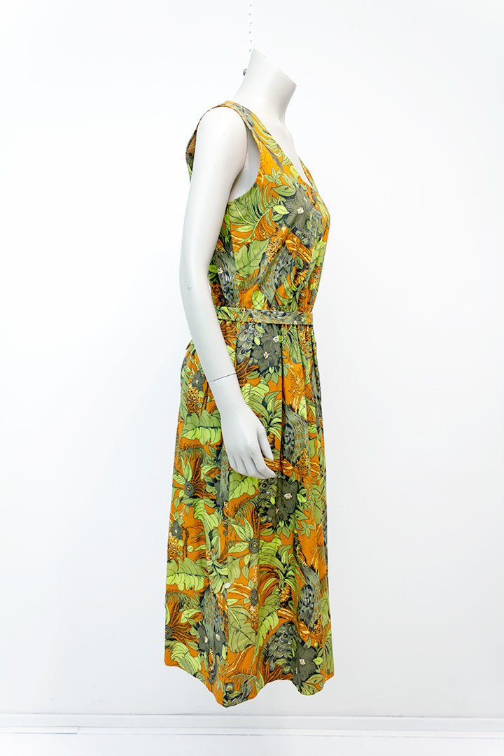 Botanische jurk met strikceintuur en groen/bruine print jaren 70