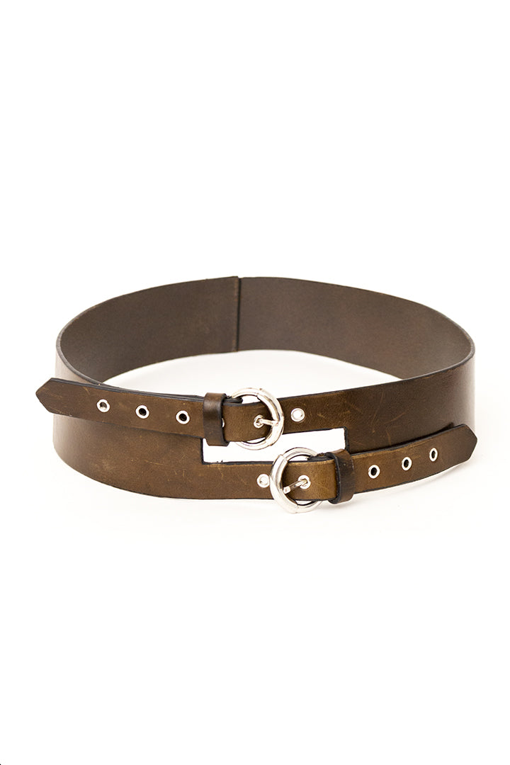 Brede bruine leren riem met dubbele gesp