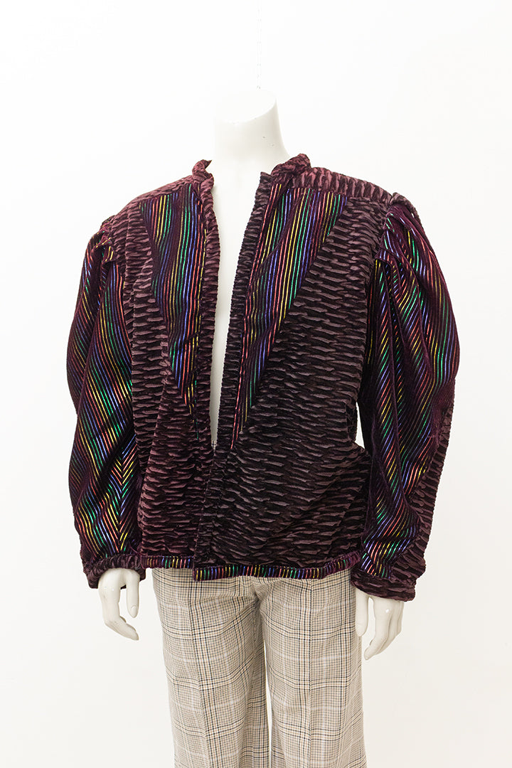 Bruin velvet jasje met regenboog en lurex strepen jaren 80