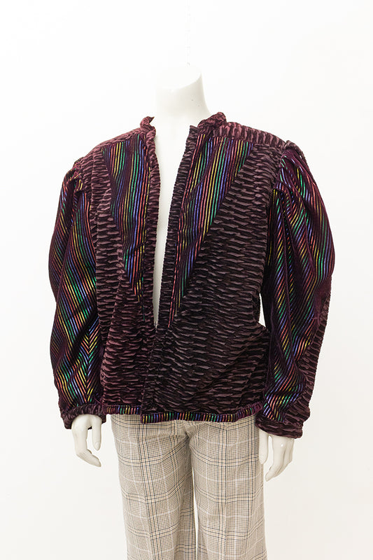 Bruin velvet jasje met regenboog en lurex strepen jaren 80