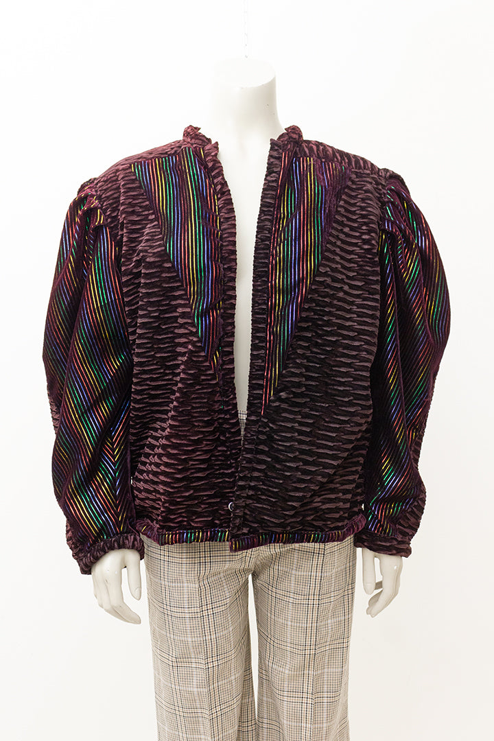 Bruin velvet jasje met regenboog en lurex strepen jaren 80