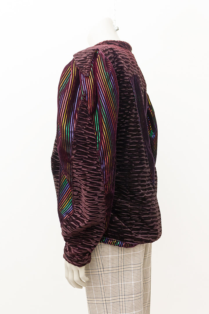 Bruin velvet jasje met regenboog en lurex strepen jaren 80