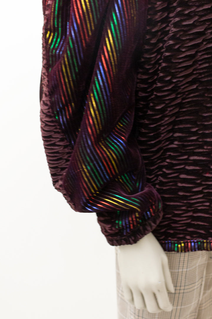 Bruin velvet jasje met regenboog en lurex strepen jaren 80