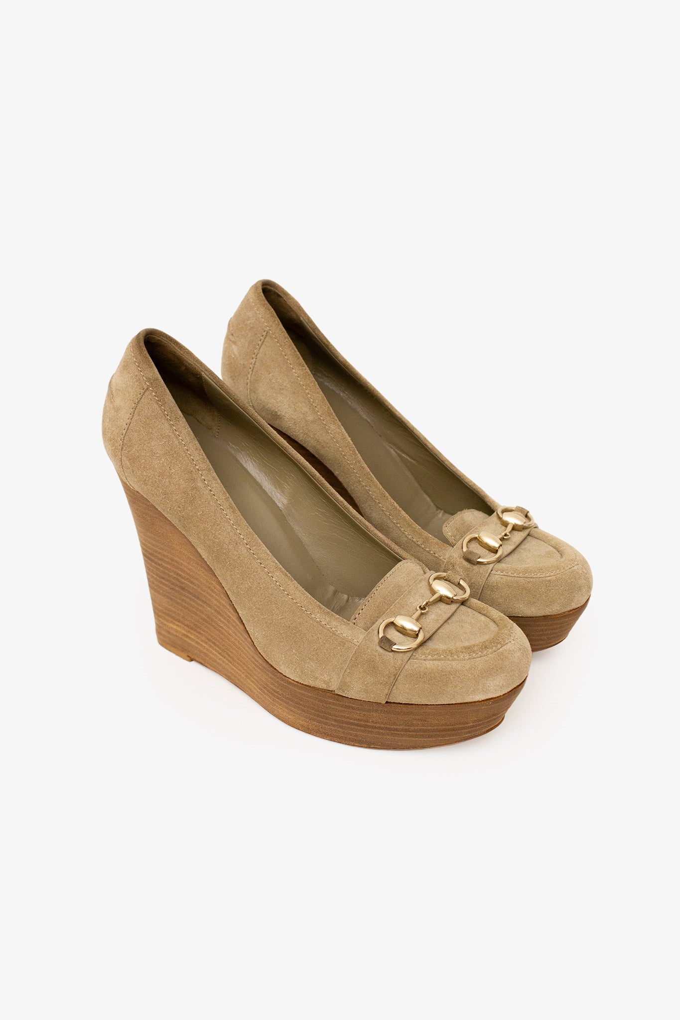 Bruine Suède Gucci wedges met goudkleurige gesp