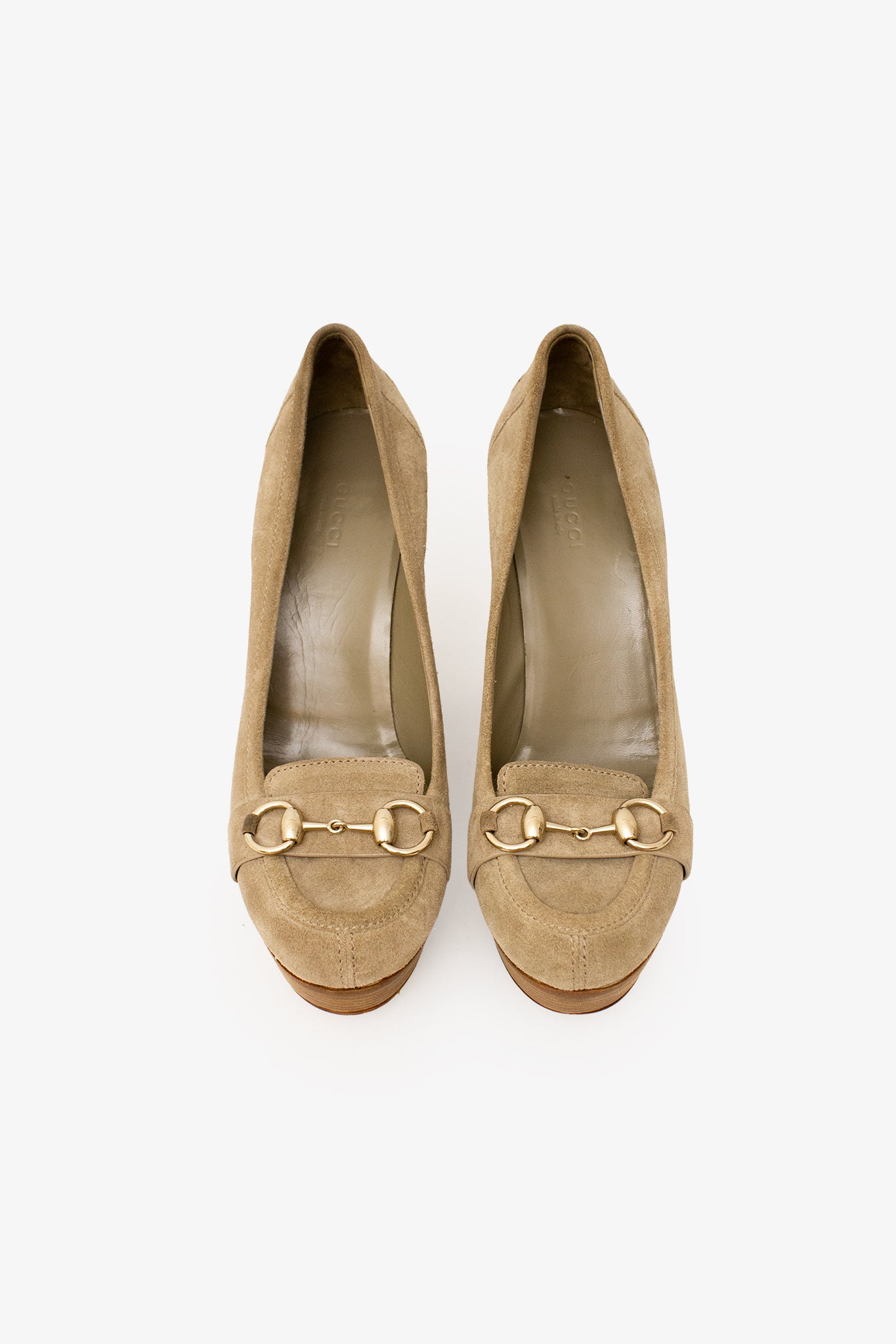 Bruine Suède Gucci wedges met goudkleurige gesp