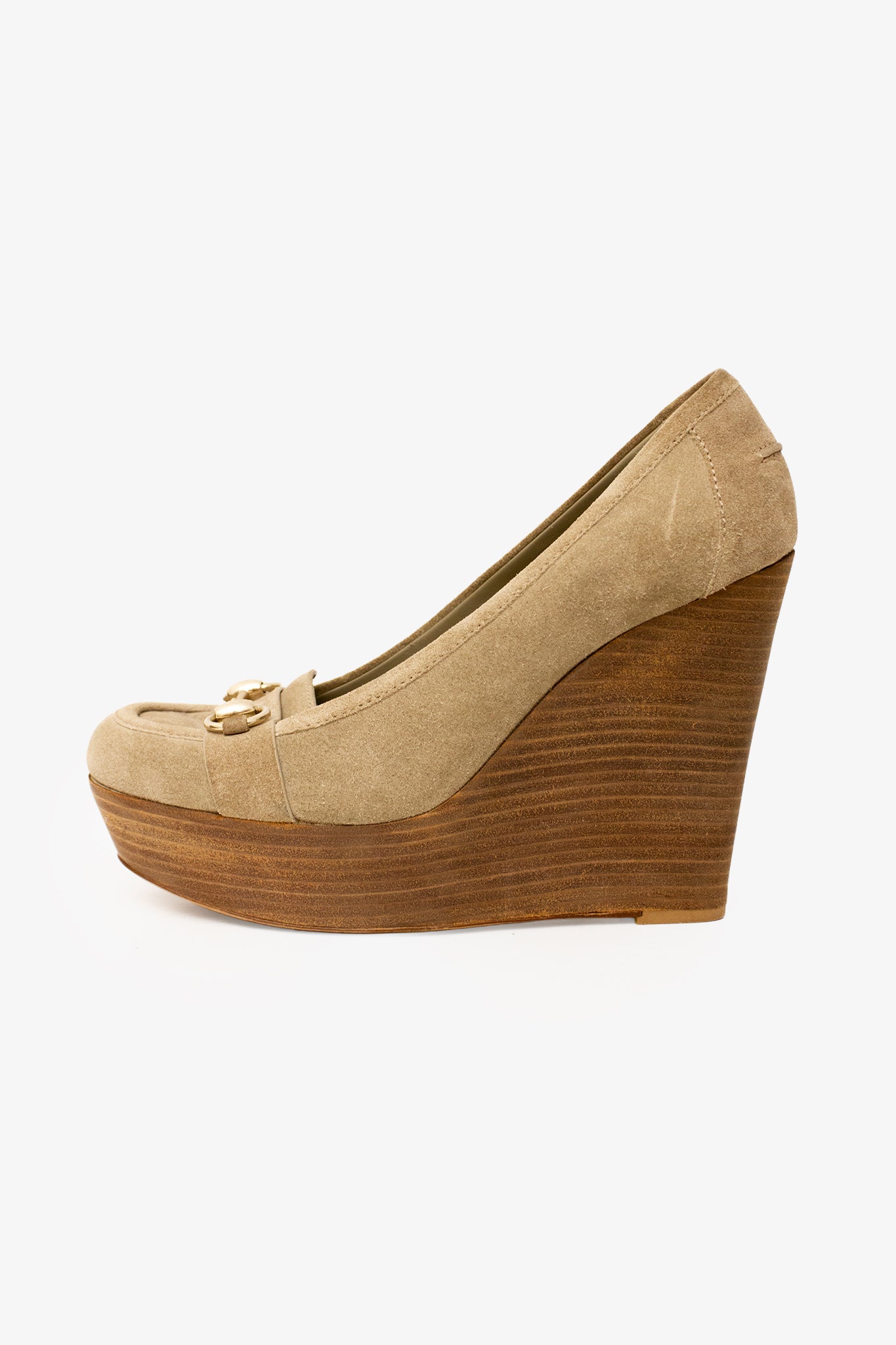 Bruine Suède Gucci wedges met goudkleurige gesp
