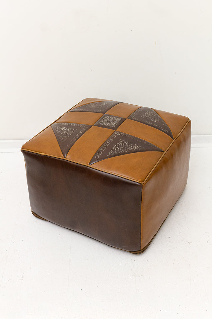 Bruine vintage poef met skai-leer patchwork