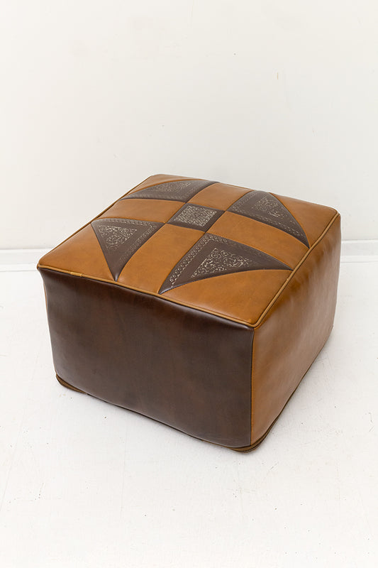 Bruine vintage poef met skai-leer patchwork