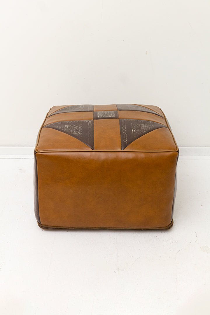 Bruine vintage poef met skai-leer patchwork
