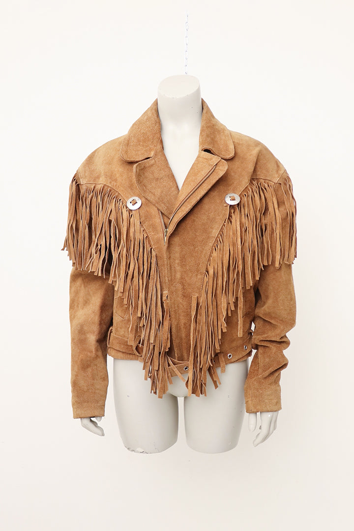 Bruine vintage suède jas met franjes jaren 70