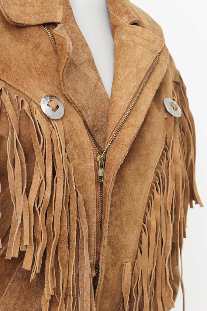 Bruine vintage suède jas met franjes jaren 70