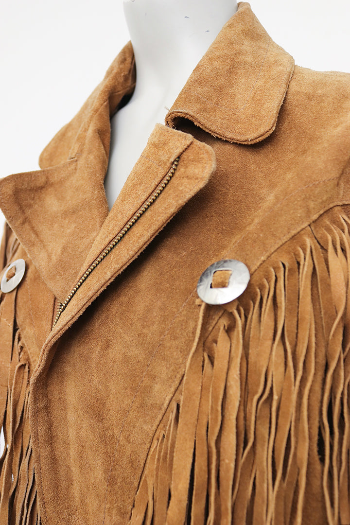 Bruine vintage suède jas met franjes jaren 70