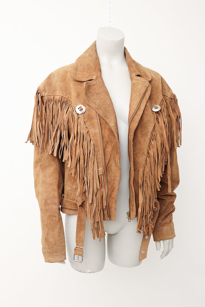 Bruine vintage suède jas met franjes jaren 70