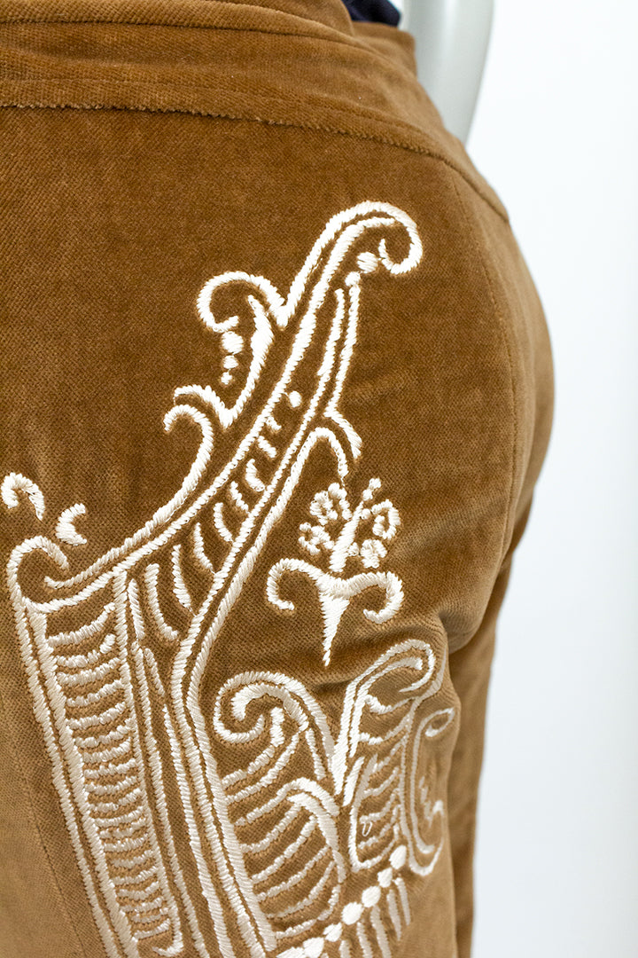 Christian Lacroix bruine velvet broek met borduursels op de achterzijde