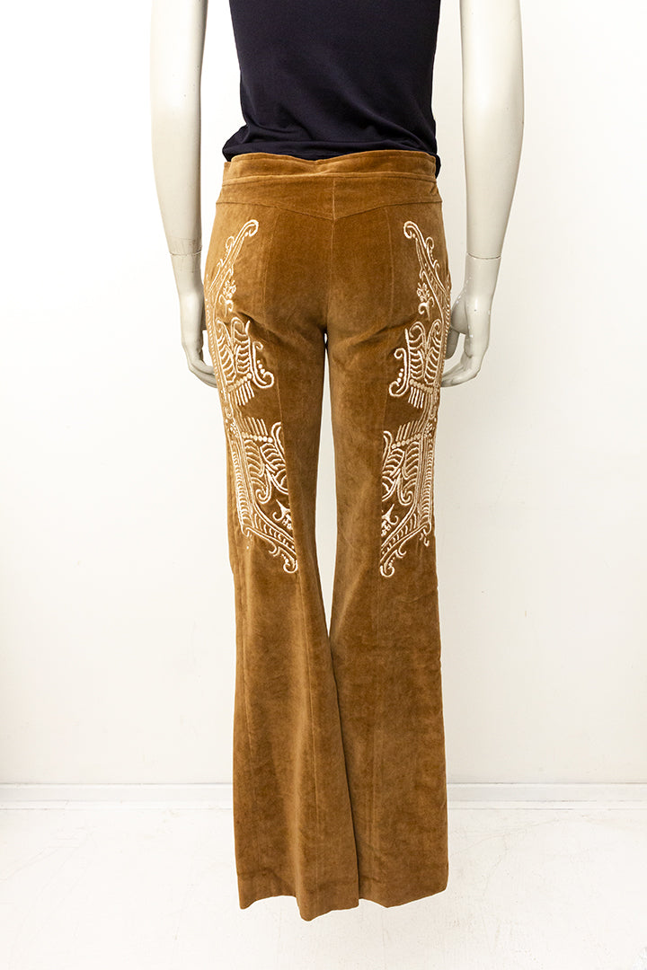 Christian Lacroix bruine velvet broek met borduursels op de achterzijde