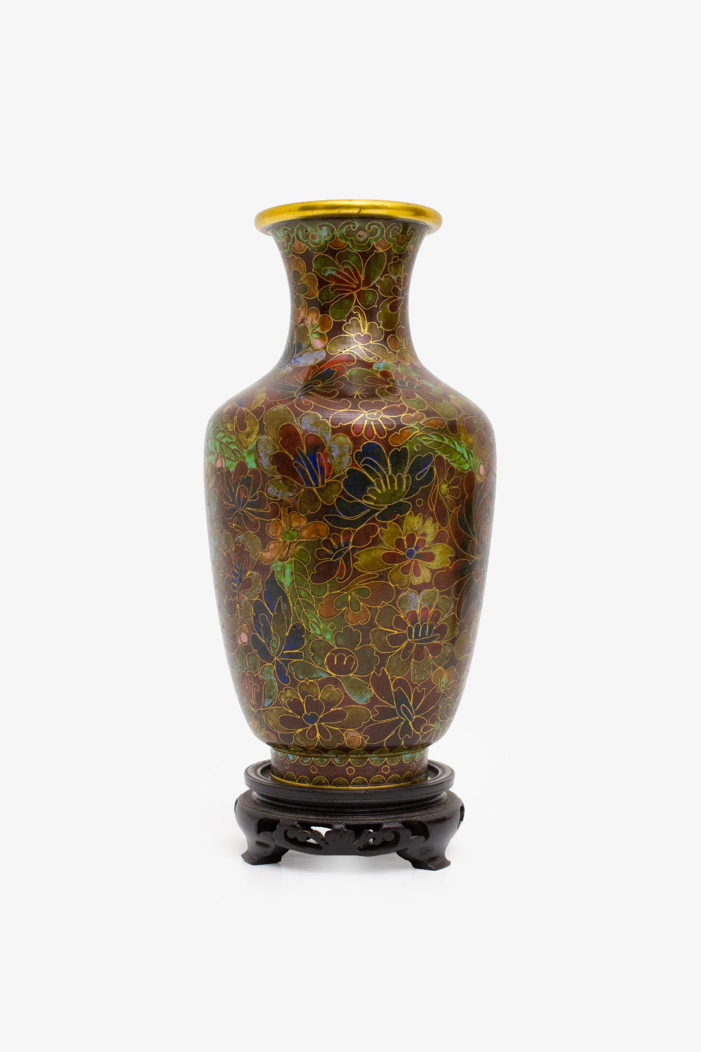 70’s gebloemde cloissoné vaas op houten standaard