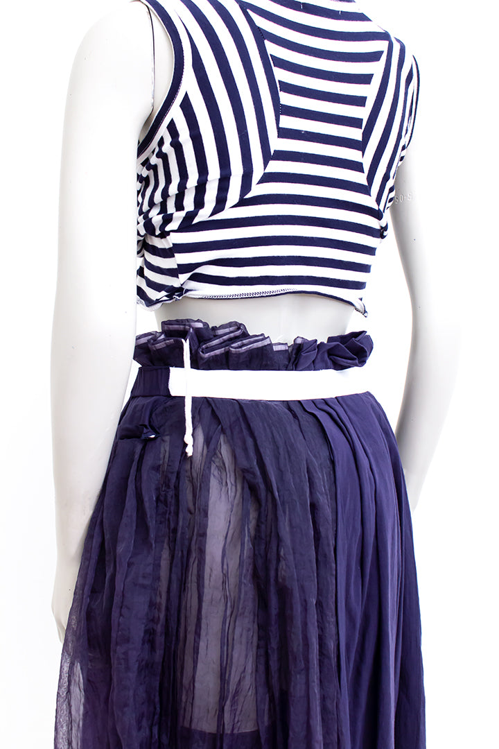 Comme des Garçons 2007 wijdvallende donkerblauwe asymmetrische broekrok