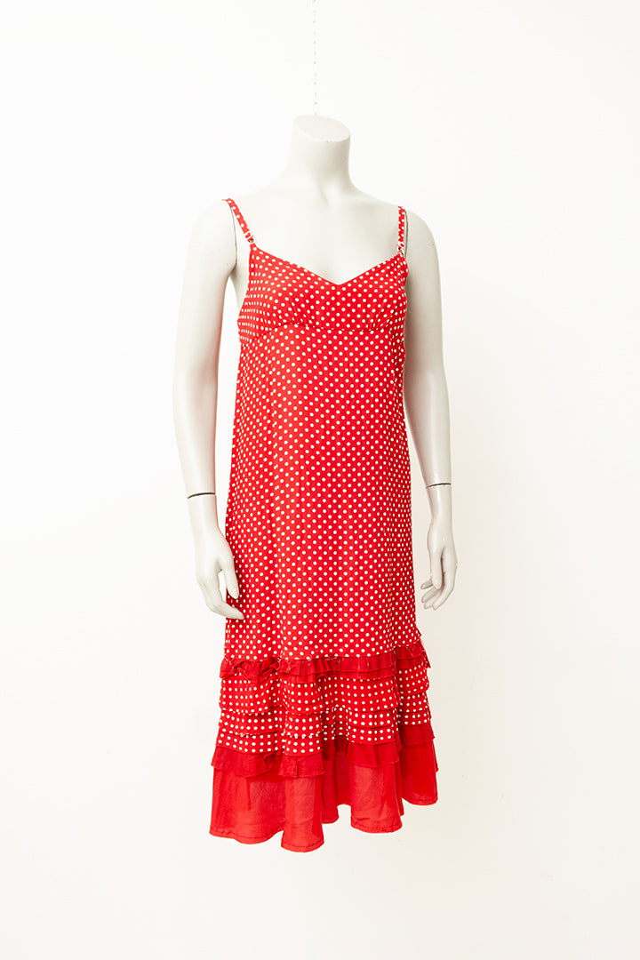 Comme des Garçons rode jurk met witte stippen en rushes
