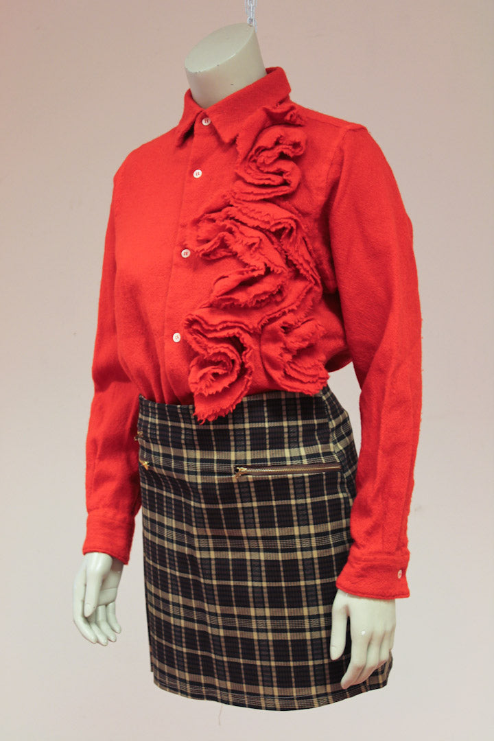 Vintage rode wollen Comme des Garcons blouse met rusches.