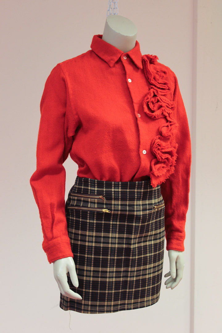 Vintage rode wollen Comme des Garcons blouse met rusches.