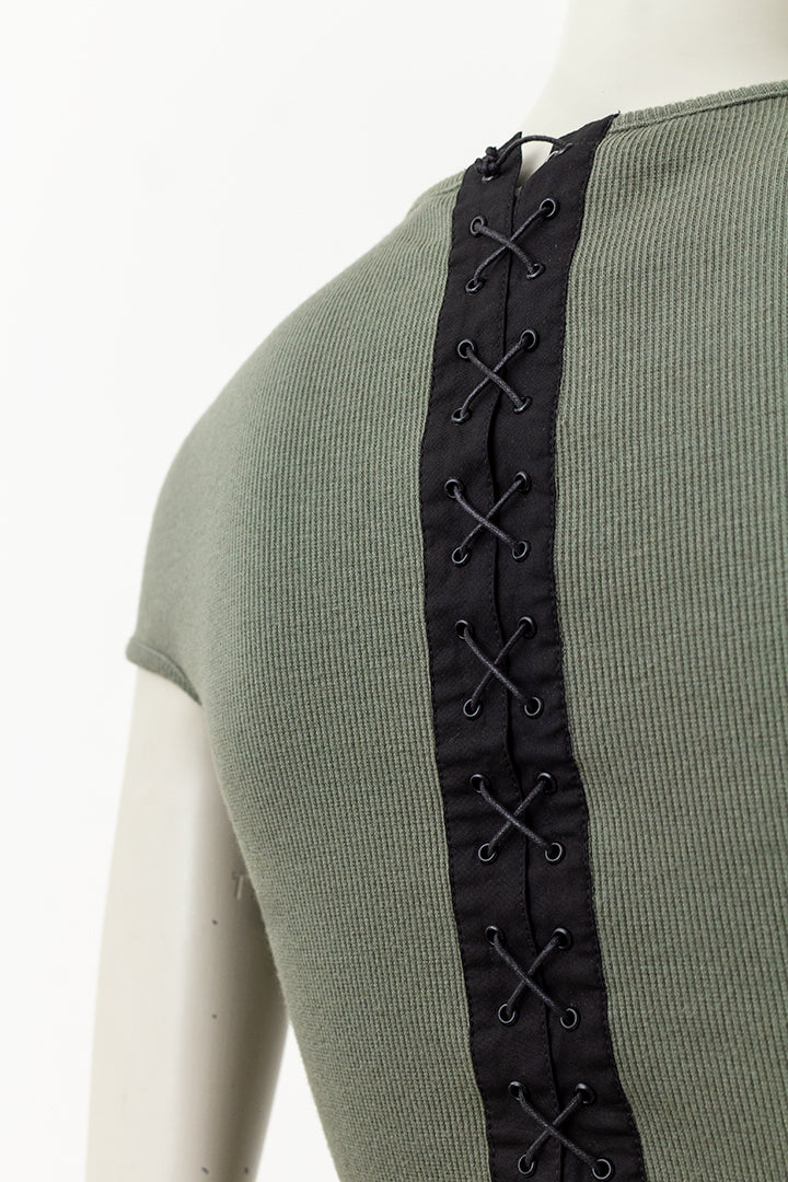 Dirk Bikkembergs legergroene croptop met rijgkoord jaren 90