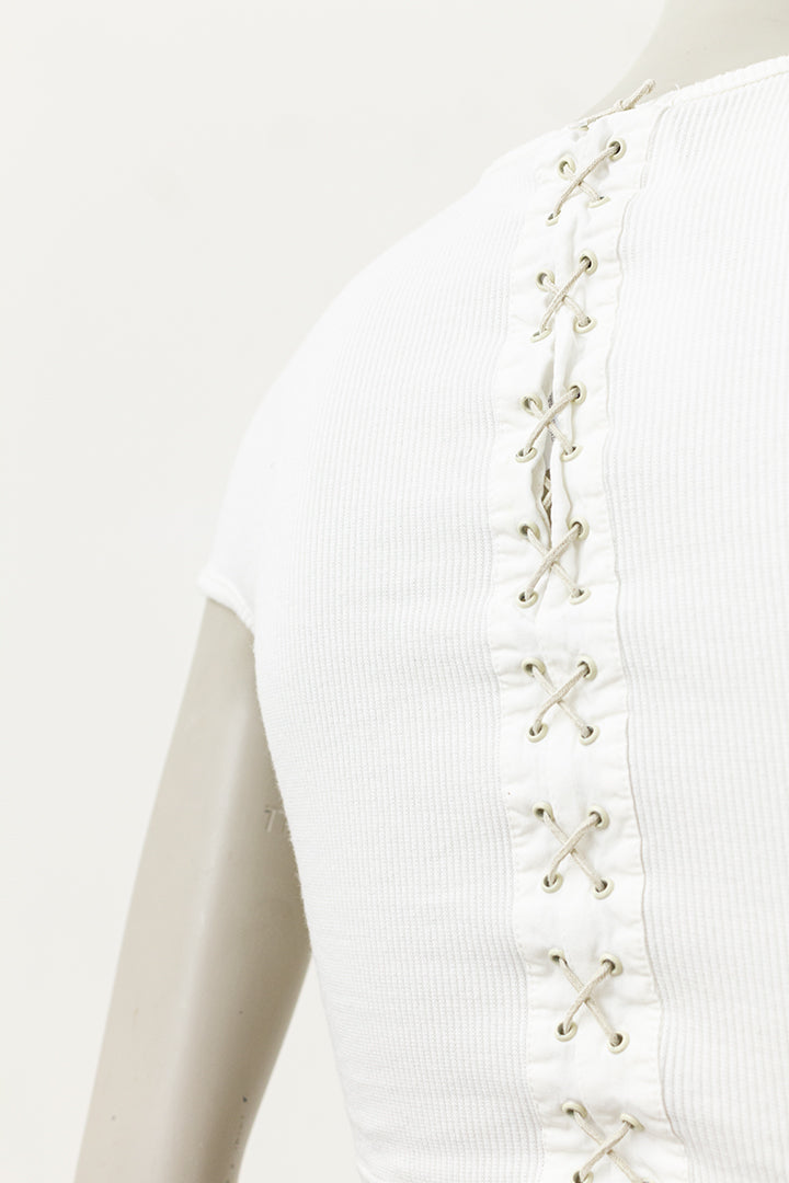 Dirk Bikkembergs witte croptop met rijgkoord jaren 90
