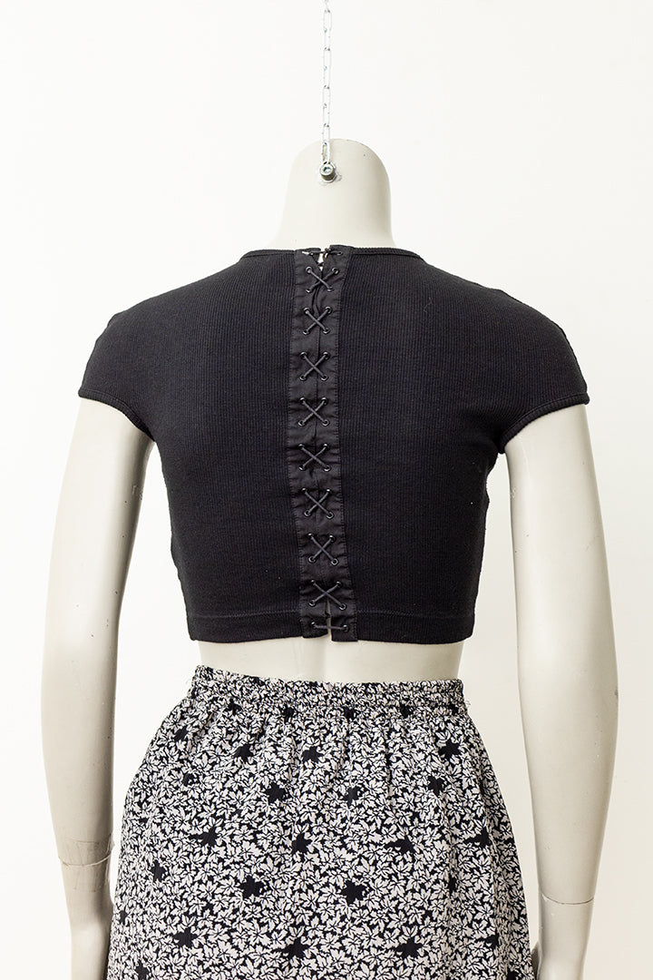 Dirk Bikkembergs zwarte croptop met rijgkoord jaren 90