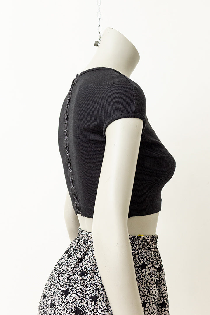Dirk Bikkembergs zwarte croptop met rijgkoord jaren 90