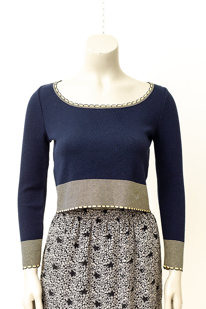 Donkerblauwe Miu Miu gebreide top met beige details