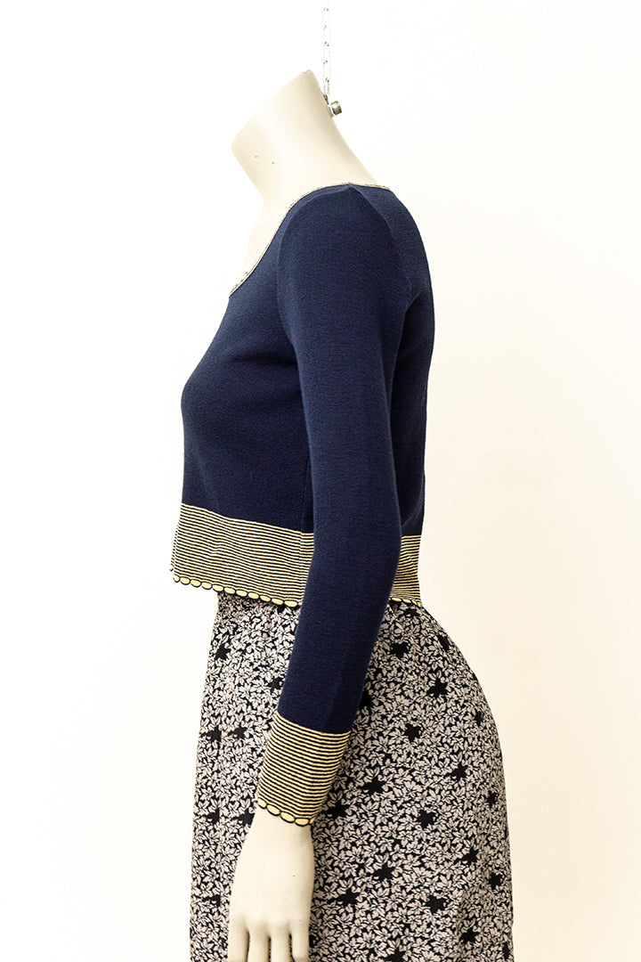 Donkerblauwe Miu Miu gebreide top met beige details
