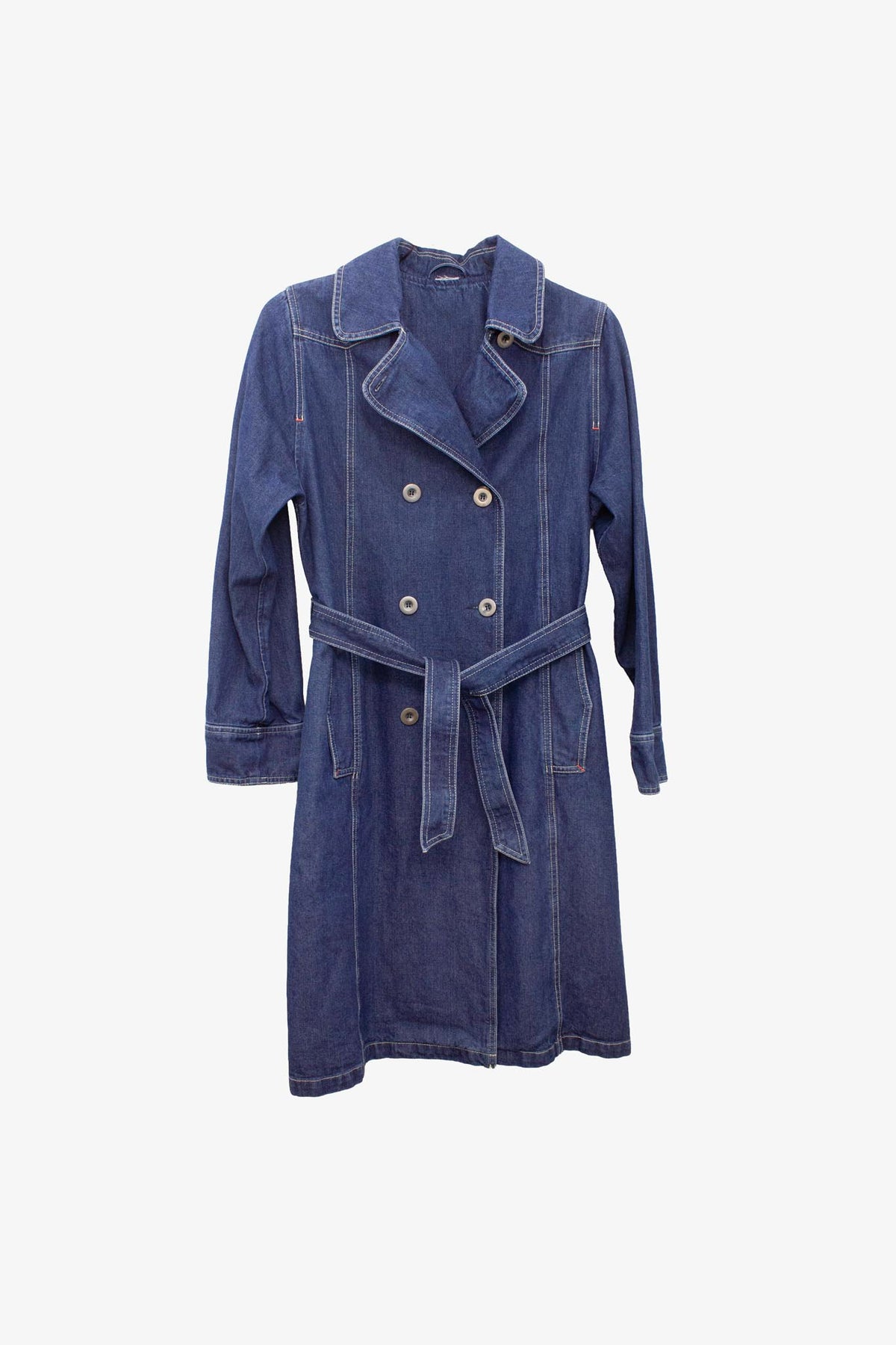 Double breasted Y2K denim trenchcoat met ceintuur