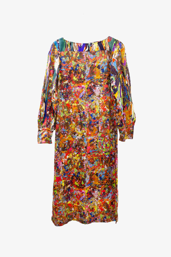 Dries van Noten FW 2008 marble / paint Dries van Noten zijde jurk met ceintuur