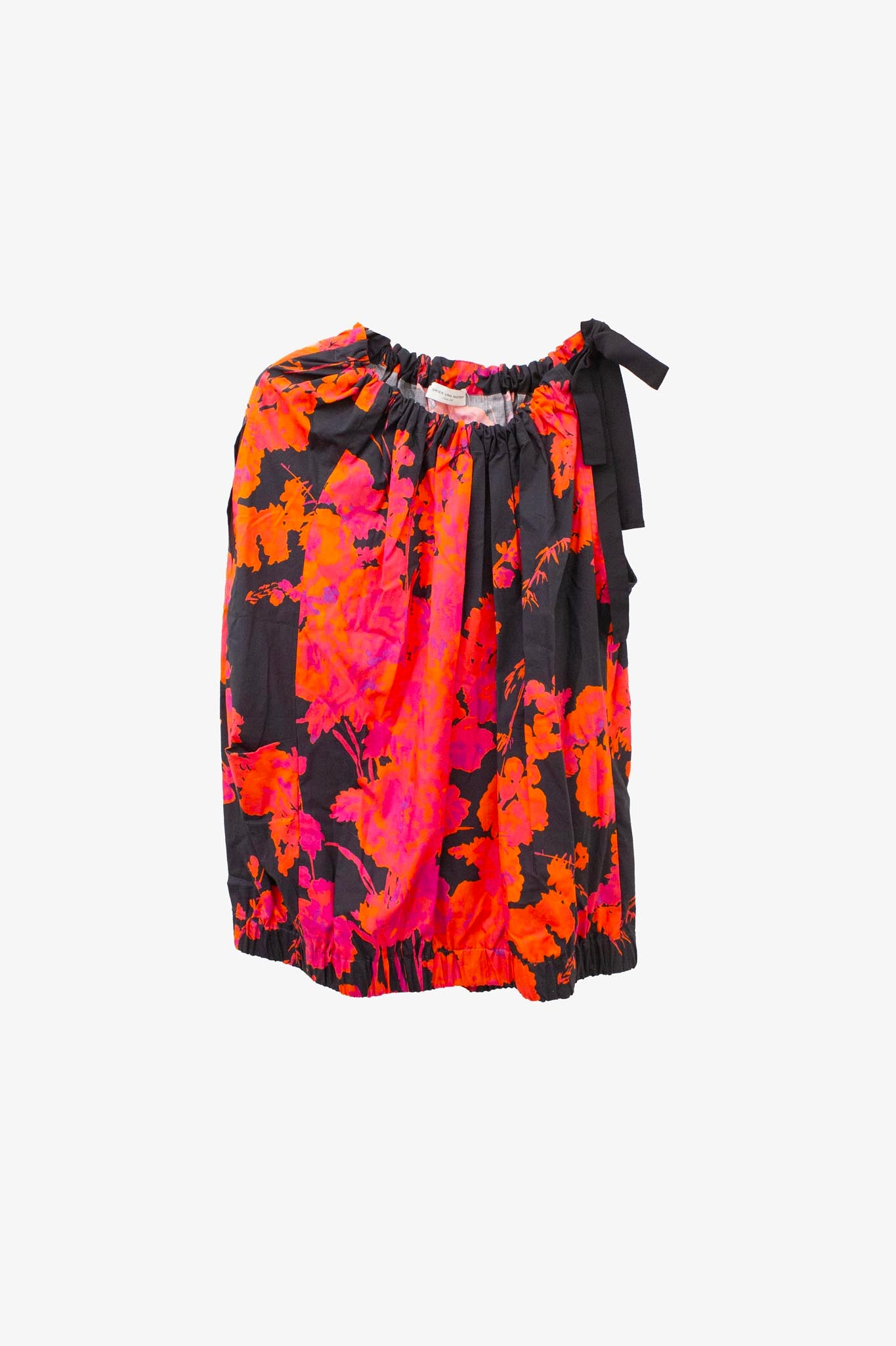 Dries van Noten katoenen top zwart met bloemenprint en schouderstrik