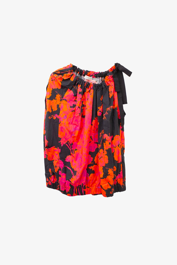 Dries van Noten katoenen top zwart met bloemenprint en schouderstrik