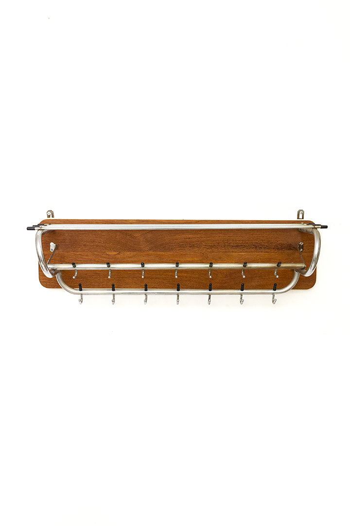 Dubbele wandkapstok jaren 60 teak-fineer met hoedenplank