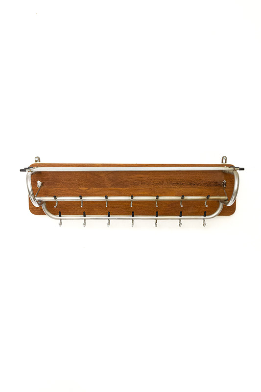 Dubbele wandkapstok jaren 60 teak-fineer met hoedenplank