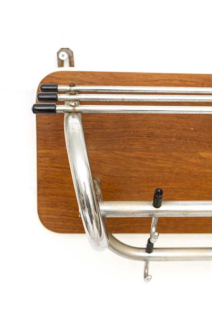 Dubbele wandkapstok jaren 60 teak-fineer met hoedenplank