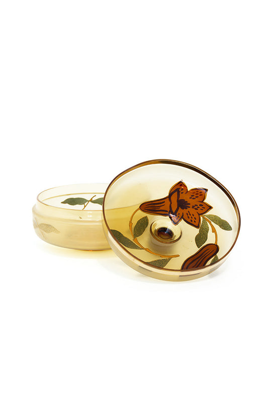 Duits schaaltje van glas met deksel en vergulde bloemdecoraties vintage