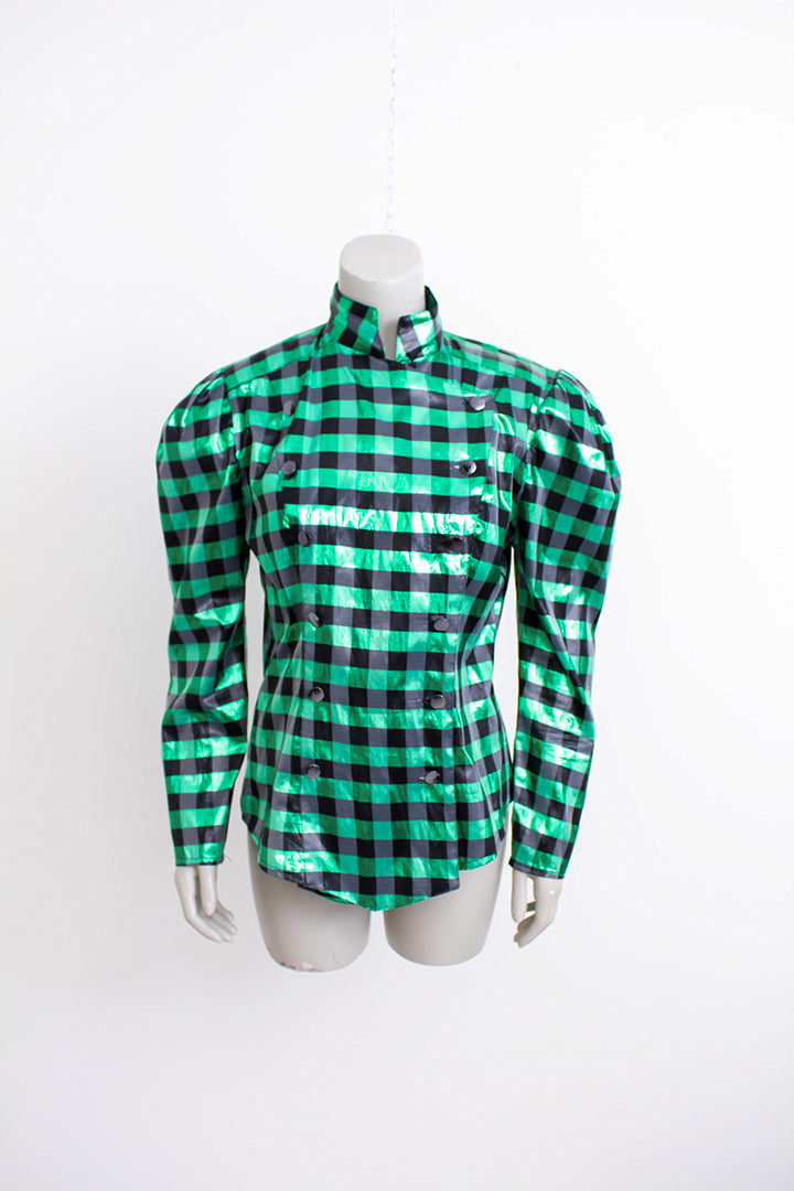 Eighties blouse groen en zwart geblokt met pofmouwen en opstaand kraagje