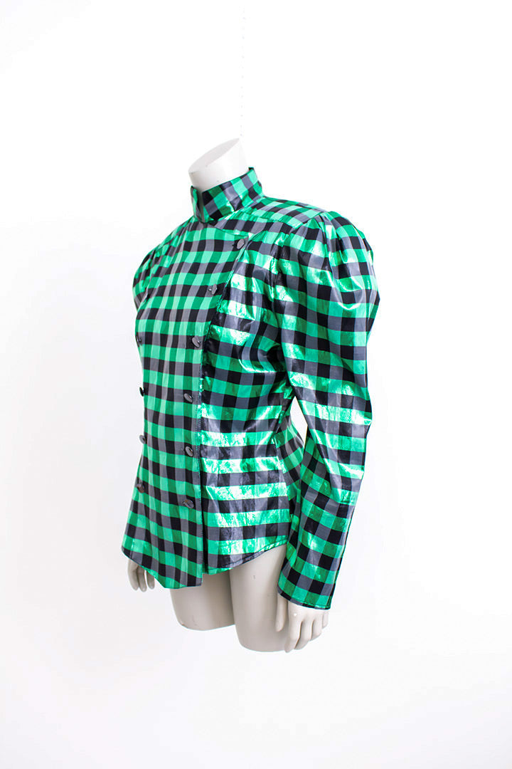 Eighties blouse groen en zwart geblokt met pofmouwen en opstaand kraagje